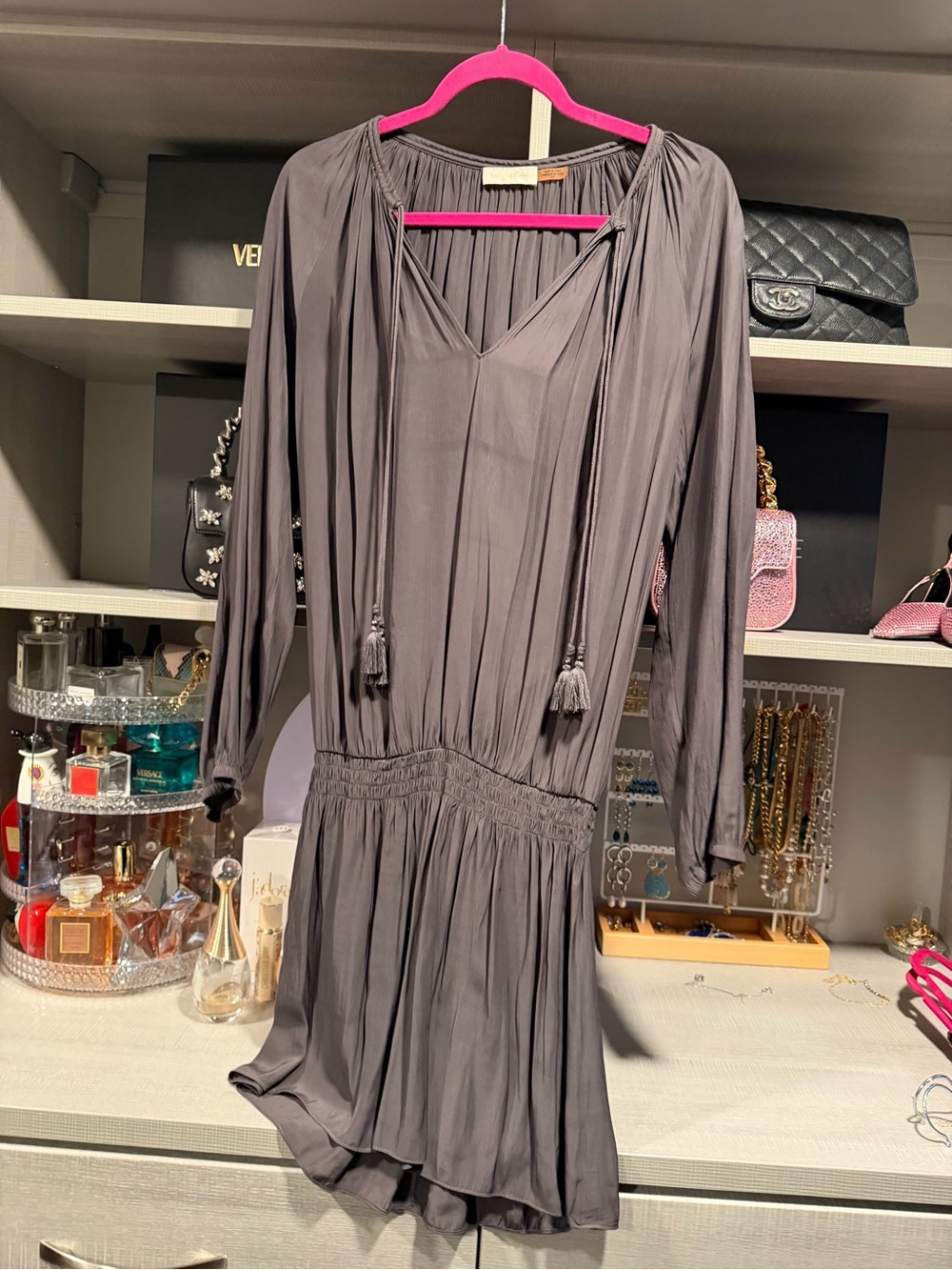 Ramy Brook Charcoal Gray Long-Sleeve V-Neck Tassel Dress